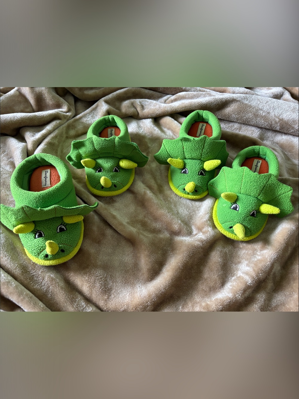 Kling Green & Yellow Dinosaur Plush Kids Slippers